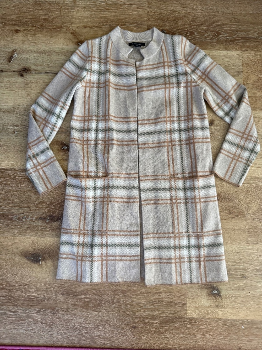 Tahari Plaid Duster Cardigan Jacket | Open Front | Neutral Tartan